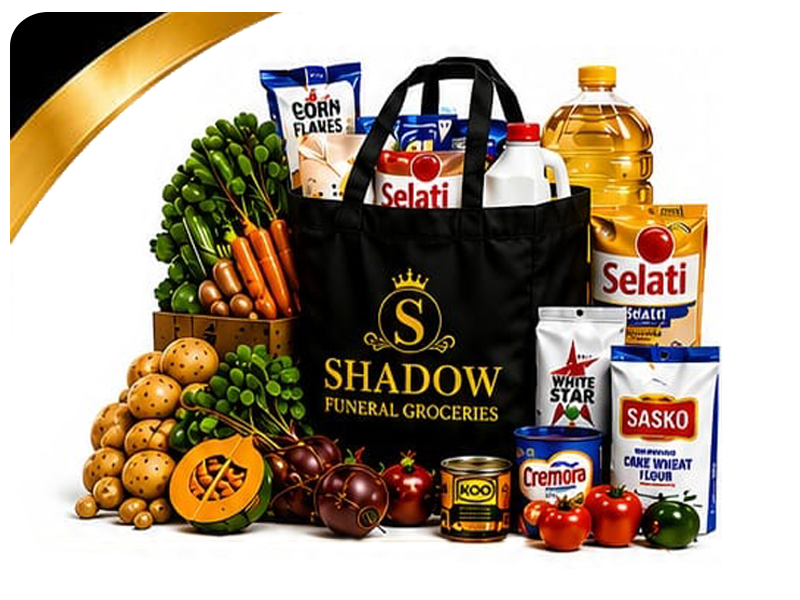 Shadow Funeral Groceries grocery bag with vegetables, oil, maize meal and other supplies