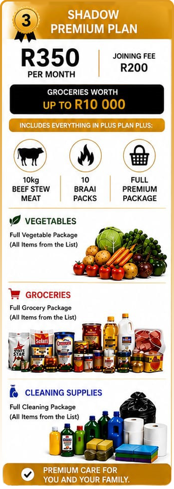 Shadow Premium Plan: R350 per month, R200 joining fee, groceries worth up to R10,000. Includes everything in Plus plus meat, full vegetable, grocery and cleaning packages. Premium care for you and your family.